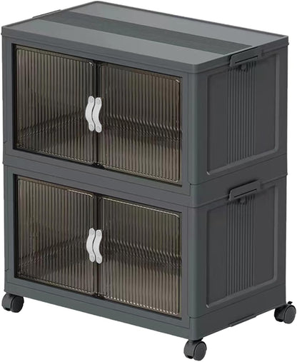 51QT Stackable Storage Bins with Lids & Wheels - Foldable Cabinet Clear Door Plastic Organizer Containers for Home, Garage, Pantry Organization - Collapsible Design Gray 5T