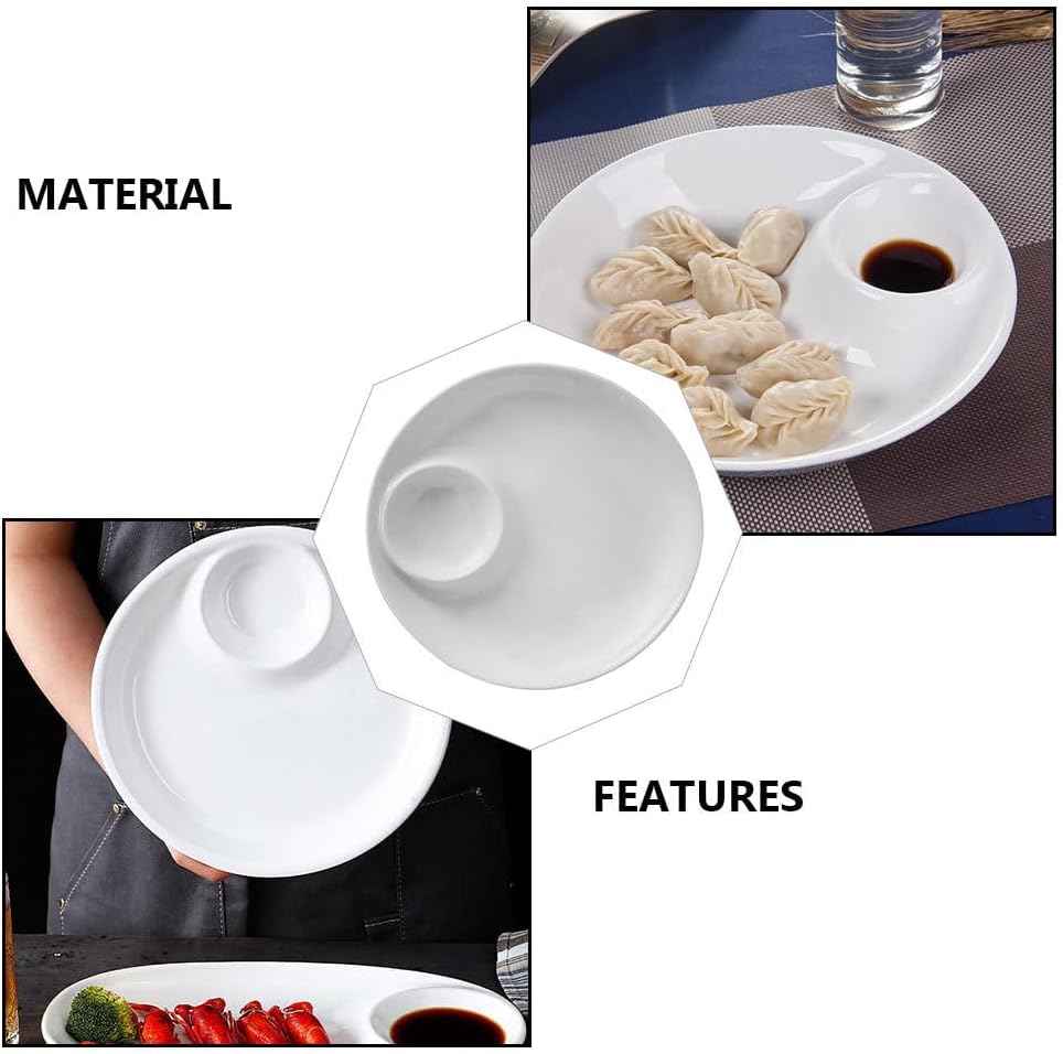 9-Inch White Ceramic in-Dish Serving Plate with Sauce Compartment for Dumplings Snacks and Appetizers - Elegant Dining Solution