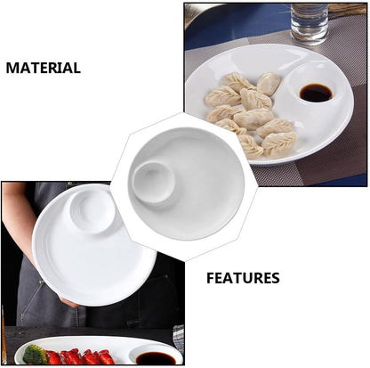 9-Inch White Ceramic in-Dish Serving Plate with Sauce Compartment for Dumplings Snacks and Appetizers - Elegant Dining Solution