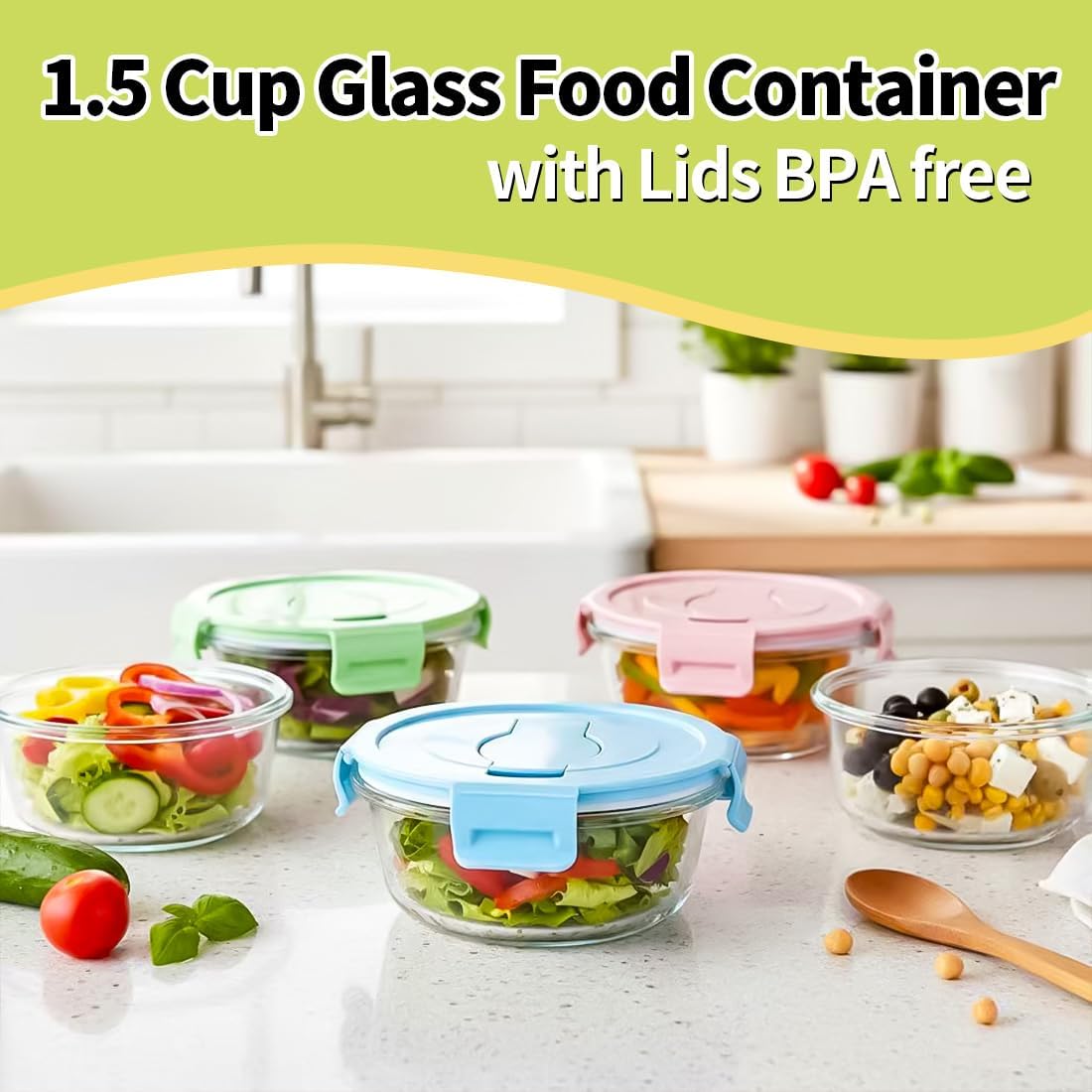 16oz Square Glass Food Storage Containers With Lids, 2 Cup Square Glass Food Containers With Lids, BPA free Small Meal Prep Bowls for leftovers, Dishwasher, Freezer Safe (8Pack)