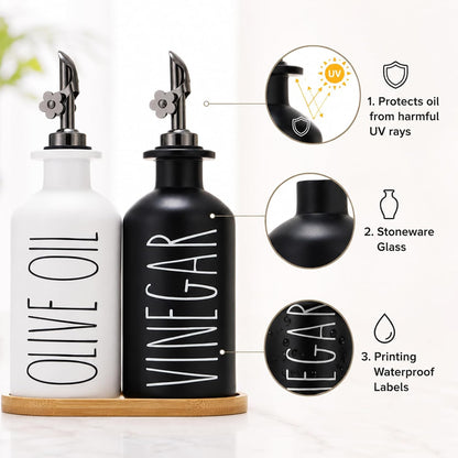 HOMCDALY Premium Olive Oil Dispenser for Kitchen, 11.8oz Glass Oil Bottles with Bamboo Tray, White Oil&Vinegar Cruet Set, Kitchen Dispenser Bottles with Pourer| Set of 2 (11.8oz –P–White)