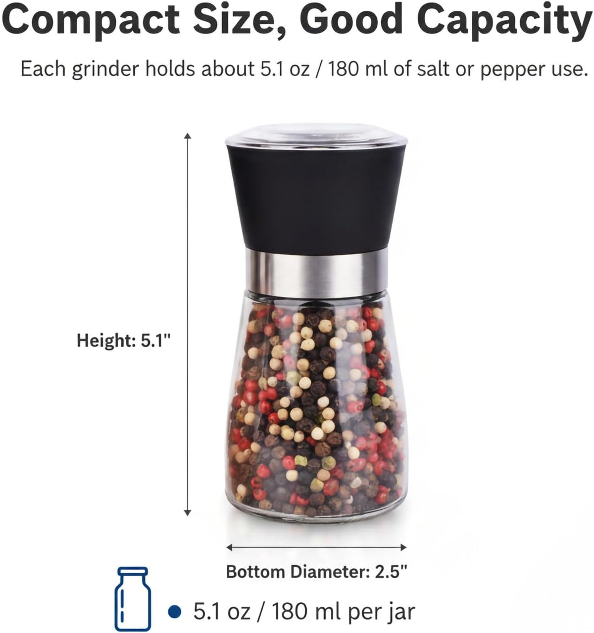 Salt and Pepper Grinder Set, 5.1 oz Refillable Glass Salt and Pepper Mills with Adjustable Ceramic Grinder, Manual Spice Grinder for Kitchen, Cooking and Dining Table (2.5" נ5.1")