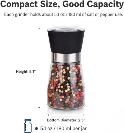 Salt and Pepper Grinder Set, 5.1 oz Refillable Glass Salt and Pepper Mills with Adjustable Ceramic Grinder, Manual Spice Grinder for Kitchen, Cooking and Dining Table (2.5" נ5.1")