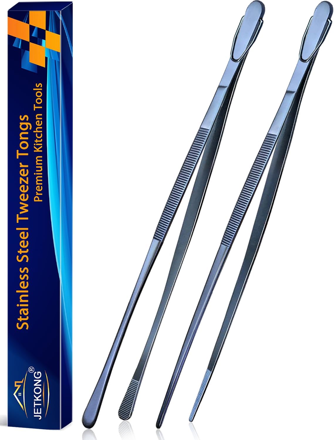 JETKONG 2 Pcs 12-Inch Kitchen Tweezers Fine Tweezer Tongs, Extra-Long Stainless Steel Cooking Tweezers (Silver)