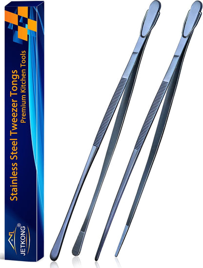 JETKONG 2 Pcs 12-Inch Kitchen Tweezers Fine Tweezer Tongs, Extra-Long Stainless Steel Cooking Tweezers (Silver)