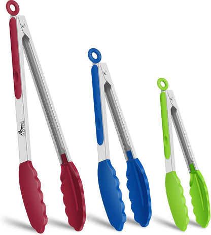 HOTEC Premium Stainless Steel Locking Kitchen Tongs with Silicon Tips, Set of 2-9" and 12"