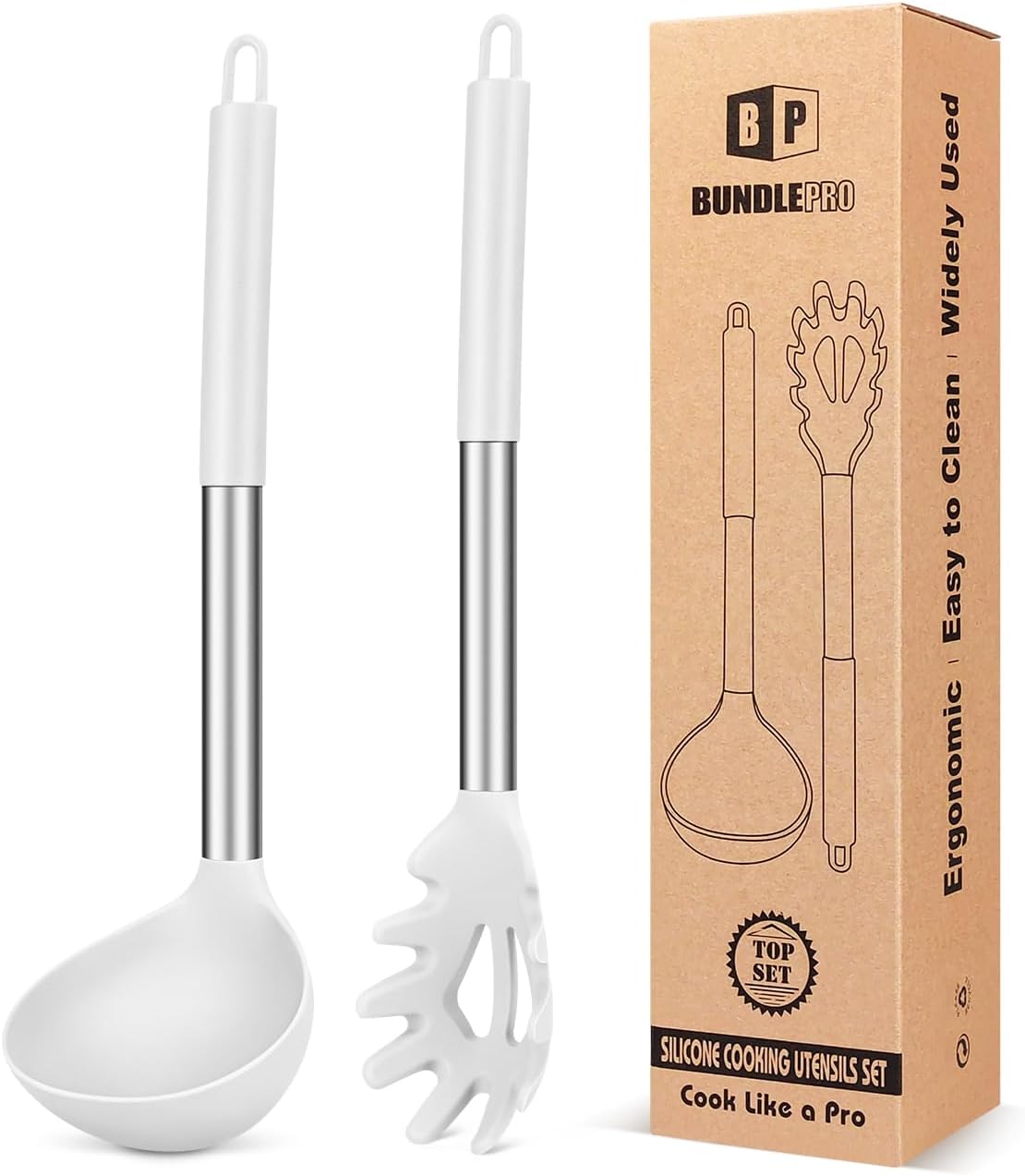 BUNDLEPRO Silicone Soup Ladle and Pasta Spoon Set, 2 Pack, Gray
