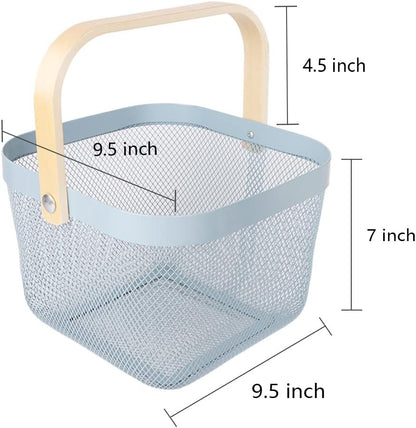 Mesh Steel Storage Organizer Basket Fruit Basket Bin with Wood Handle Ideal for Kitchen Bathroom Picnic Baskets Pantry Cabinets Storage Home Decor (White)