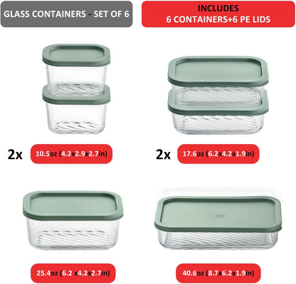 EATEX Grooved Base Glass Meal Prep Containers, 12 Pack Glass Food Storage Containers with Lids for Meal Prep & Lunch, Microwave Oven Freezer Dishwasher Safe, Anti Moisture Non-Stick Design - Black