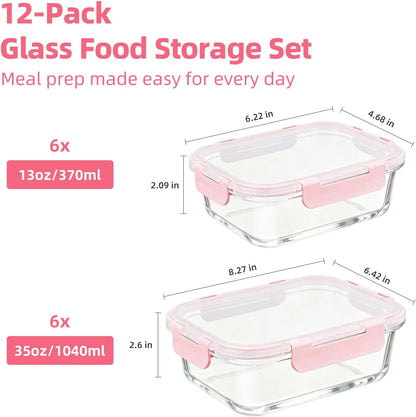 Konokyo Square Glass Food Storage Containers with Lids, 12 Pack Airtight Leakproof Meal Prep Containers, BPA-Free, Microwave Oven Freezer & Dishwasher Safe, Assorted Sizes