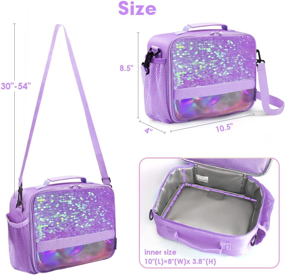 Cerbonny Kids Lunch Box, Insulated Lunch Bag for Girls and Boys, Durable Polyester with PEVA Lining, Adjustable Shoulder Strap, 10.8"L x 4"W x 8.8"H, 5 Pockets