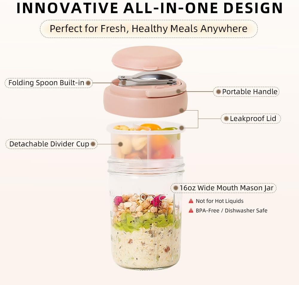 2 Pack Overnight Oats Containers with Lids and Handles, Folding Spoons & Divided Compartments for Fruit & Nuts, 16oz Mason Jars for Oatmeal Yogurt Container Chia Pudding Jars with lids (Cream 2pcs)