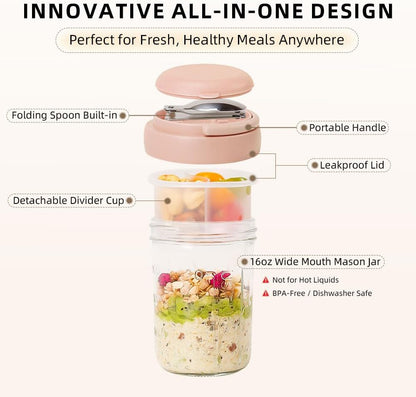 2 Pack Overnight Oats Containers with Lids and Handles, Folding Spoons & Divided Compartments for Fruit & Nuts, 16oz Mason Jars for Oatmeal Yogurt Container Chia Pudding Jars with lids (Cream 2pcs)