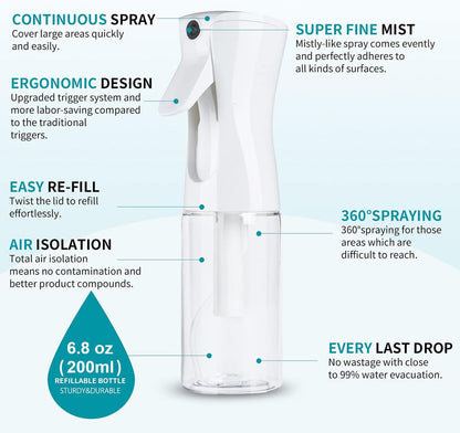 Continuous Spray Bottle for Hair, Refillable Gentle Mister (2 Pack, 6.8 Oz)