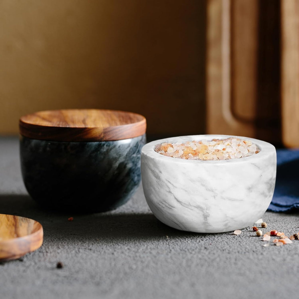 jalz jalz Acacia Wood Salt Cellar with white Marble Lid, 10oz Pinch Pot & Spoon