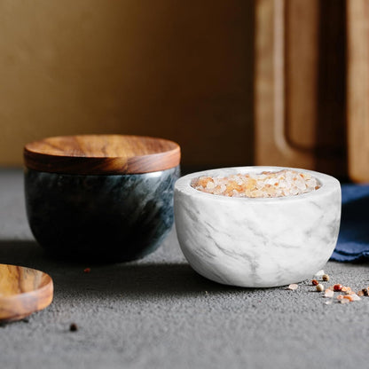 jalz jalz Acacia Wood Salt Cellar with white Marble Lid, 10oz Pinch Pot & Spoon