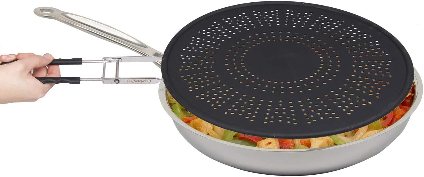 XL 11.5" Silicone Splatter Screen Shield- Multi Use Pan Cover with Foldable Handle & Built in Water Strainer- Protect from Oil, Grease with Shield Guard- Fits Most Kitchen Frying Pans, Heat Resistant