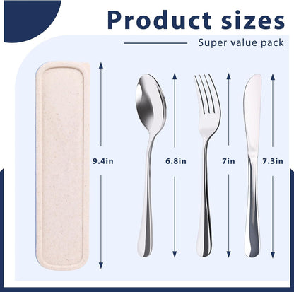 HANSGO Travel Utensils with Case, 4PCS Stainless Steel Portable Cutlery Set, Built-in Card Slot Design for Fixing Tableware, Easy-Open Lid, Lunch Box for Camping Work School, Dishwasher Safe, Beige