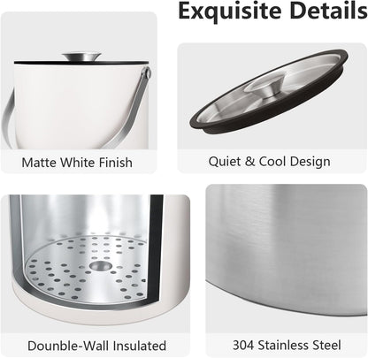 Bakpoco Insulated Ice Bucket with Silicone Lid, Scoop, Tongs & Strainer, 3L Stainless Steel Double Wall Ice Buckets for Parties & Cocktail Bar, Champagne Ice Bucket with Lid for Freezer, Ivory
