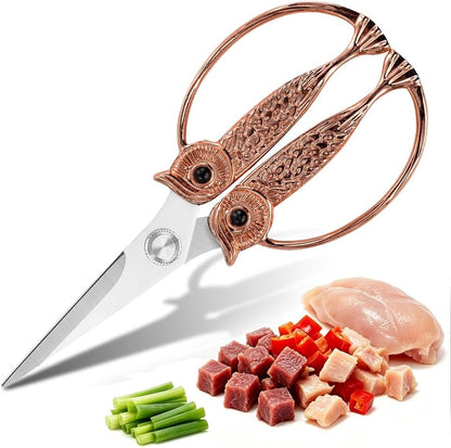 XSNBRD All Purpose Kitchen Scissors, Pearl Gold Stainless Owl Shears.