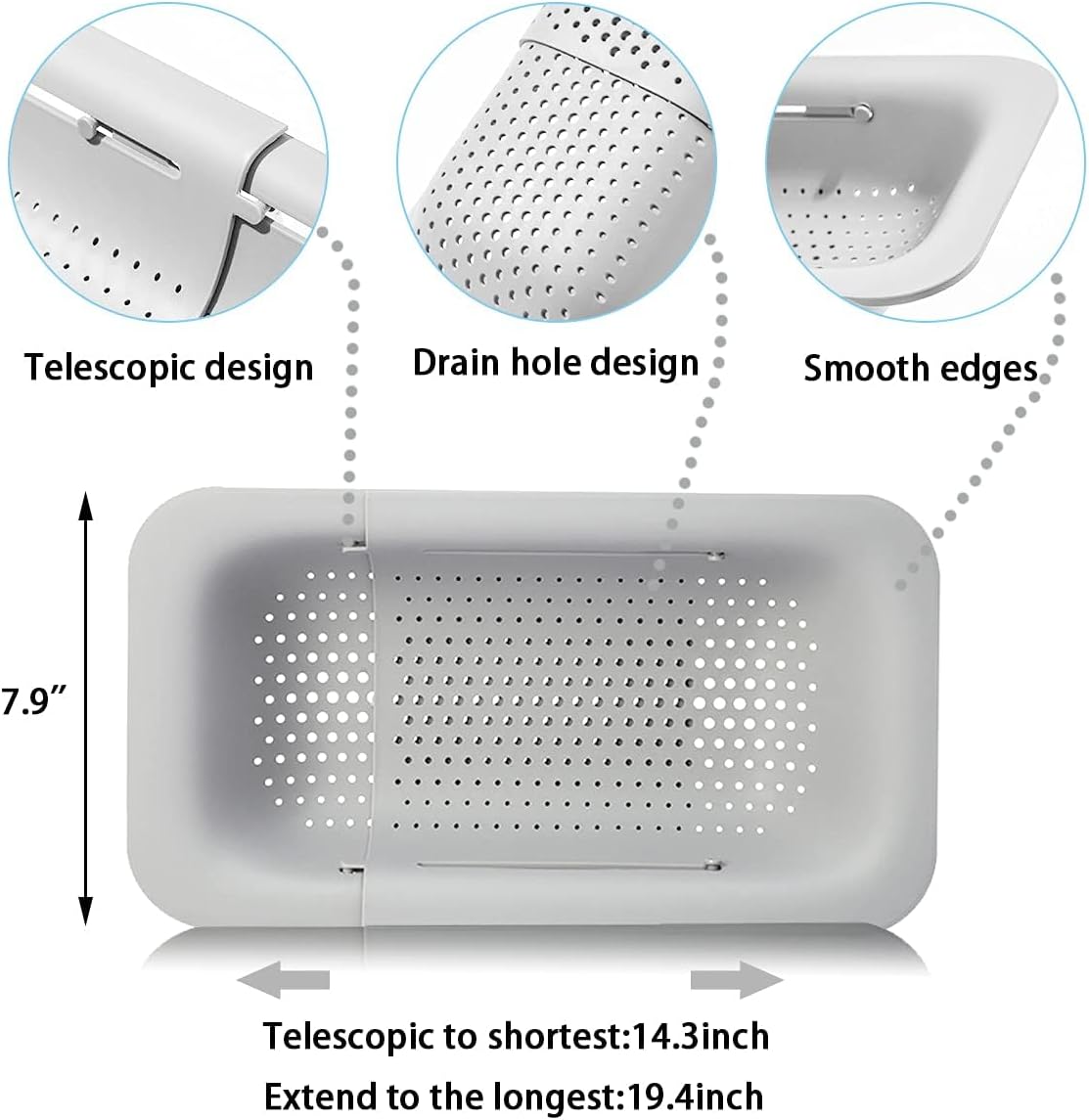 KesaPlan Collapsible Sink Colanders and Strainers Basket Over the Colander Extendable Plastic Fruit Vegetable Strainer Drainer for Kitchen(Length 14.3-19.4 inch)(Gray Set of 2)