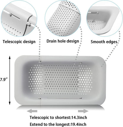 KesaPlan Collapsible Sink Colanders and Strainers Basket Over the Colander Extendable Plastic Fruit Vegetable Strainer Drainer for Kitchen(Length 14.3-19.4 inch)(Gray Set of 2)