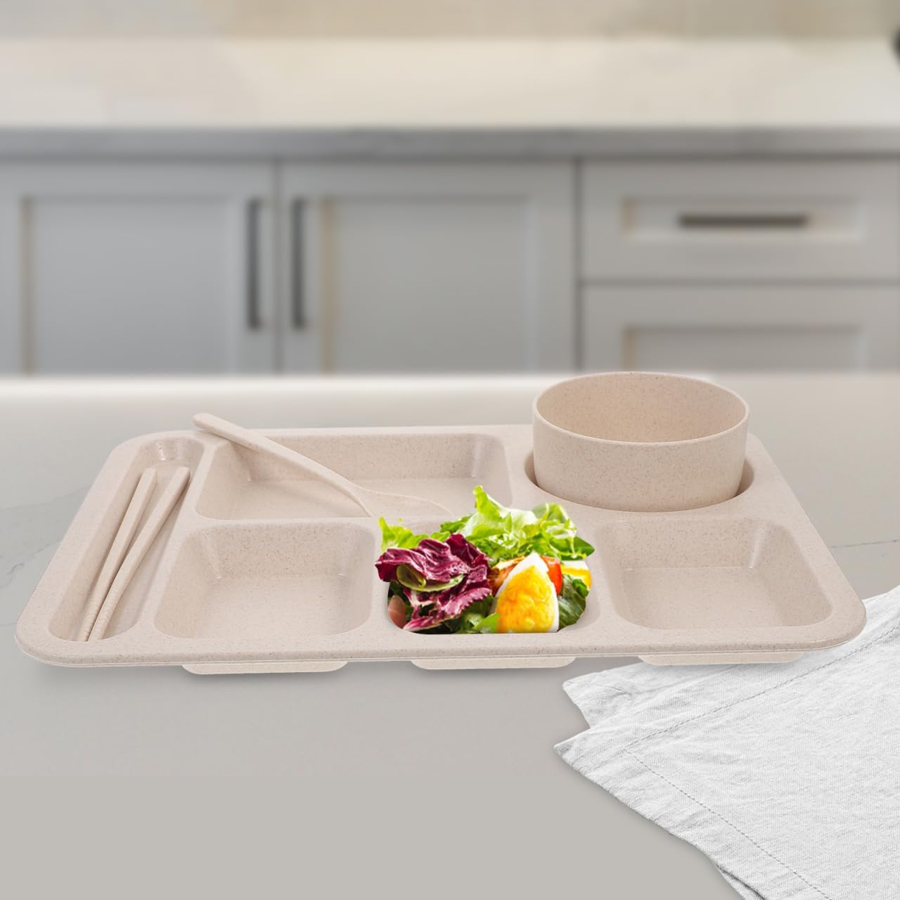 Cabilock Meal Prep Container Wheat Straw Divided Plates Divided Dinner Tray Beige Sections Dinner Plates with Bowl Spoon Chopsticks Cutlery Tableware for Adults Portion Control Plates