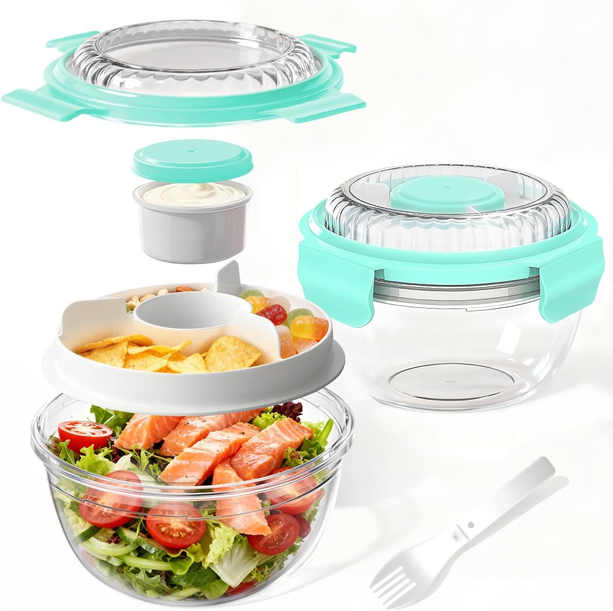 WHALEHOUSE Clear Eco-friendly SK chemicals ECOZEN Salad Container, 33OZ Portable Plastic Salad Bowls with Lid & Snack Tray, Leak-Proof Dressing Container, Reusable Fork, Lunch Box for Meal Prep (Pink)