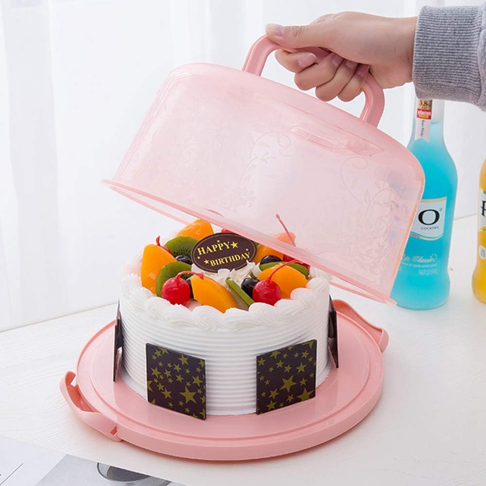 Plastic Small Cake Carrier Holder Cover Round Container with Collapsible Handles Suitable for 7 inch Diameter and 2.5 inch Height Cake (Pink)