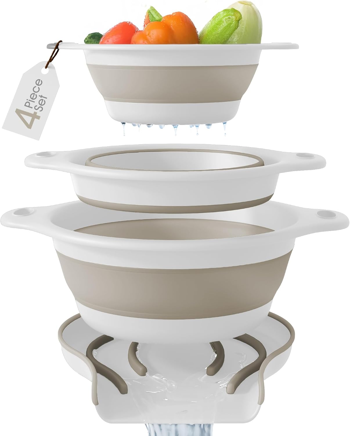 Gevoli 3-Pack Collapsible Colanders with Self-Draining Base, Over Sink-edge Silicone Food Strainers, Small/Med/Large Sizes, Nesting for Easy Compact Storage (3Qt, 4Qt, 5-Quart Set) Green/Gray