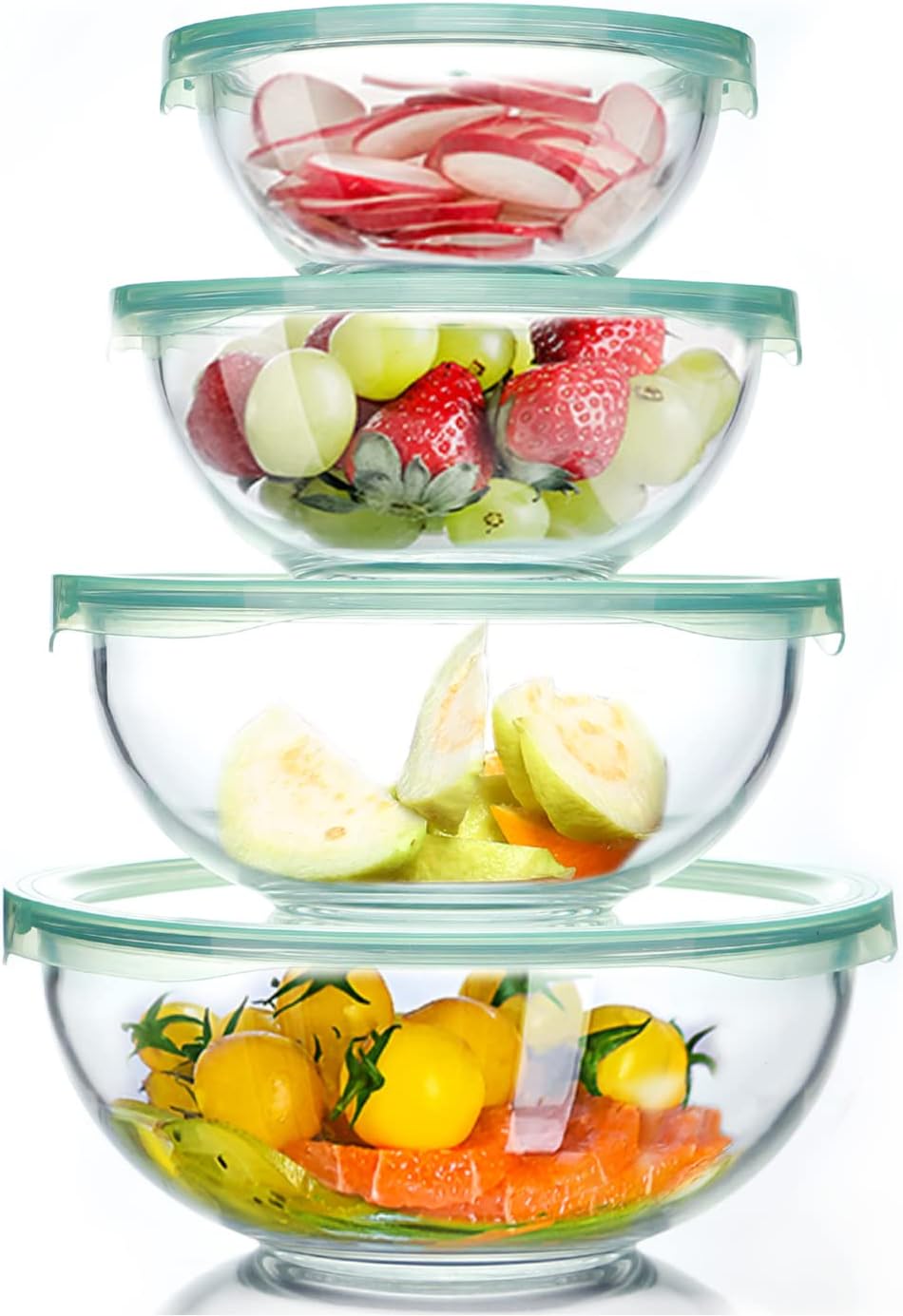 Luvan Glass Mixing Bowls with Lids Set(4.5QT, 2.7QT, 1.1QT)-Large Glass Mixing Bowls, Clear Salad Bowl for Baking, Cooking, Serving, Food Prep, 3PC Nesting Bowls for Kitchen Storage & Dishwasher Safe