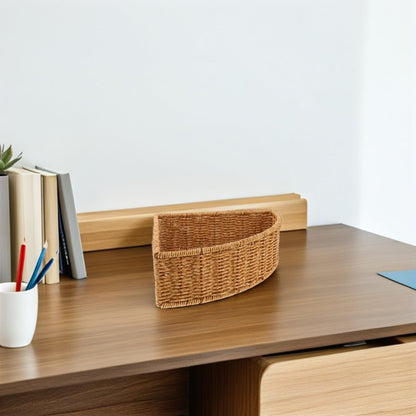 Sturdy Triangle Corner Basket with Imitation Rattan Weaving, 10-inch Fan Shaped Storage Bin for Wardrobe and Home, Easy Access Corner Makeup Organizer for Fruit and Snacks