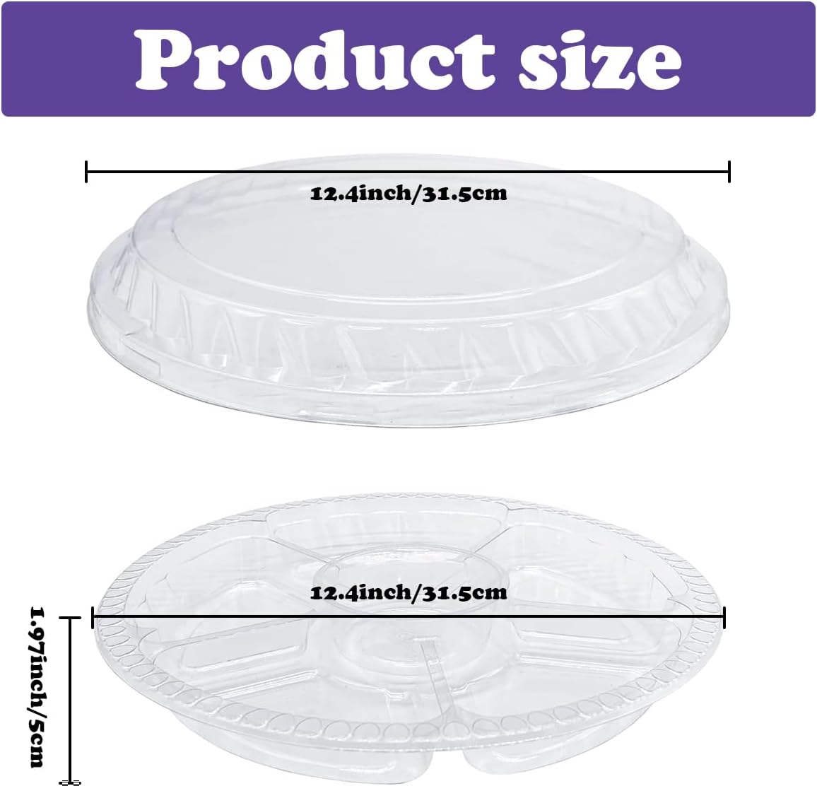 12 Pcs Round Plastic Serving Tray, Clear Round Plastic Veggie Tray with Lid, 12.4x1.97 Inch Disposable Food Storage Containers 6 Divided Compartment Container for Fruit Nut Snack