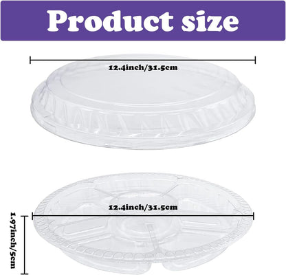 12 Pcs Round Plastic Serving Tray, Clear Round Plastic Veggie Tray with Lid, 12.4x1.97 Inch Disposable Food Storage Containers 6 Divided Compartment Container for Fruit Nut Snack