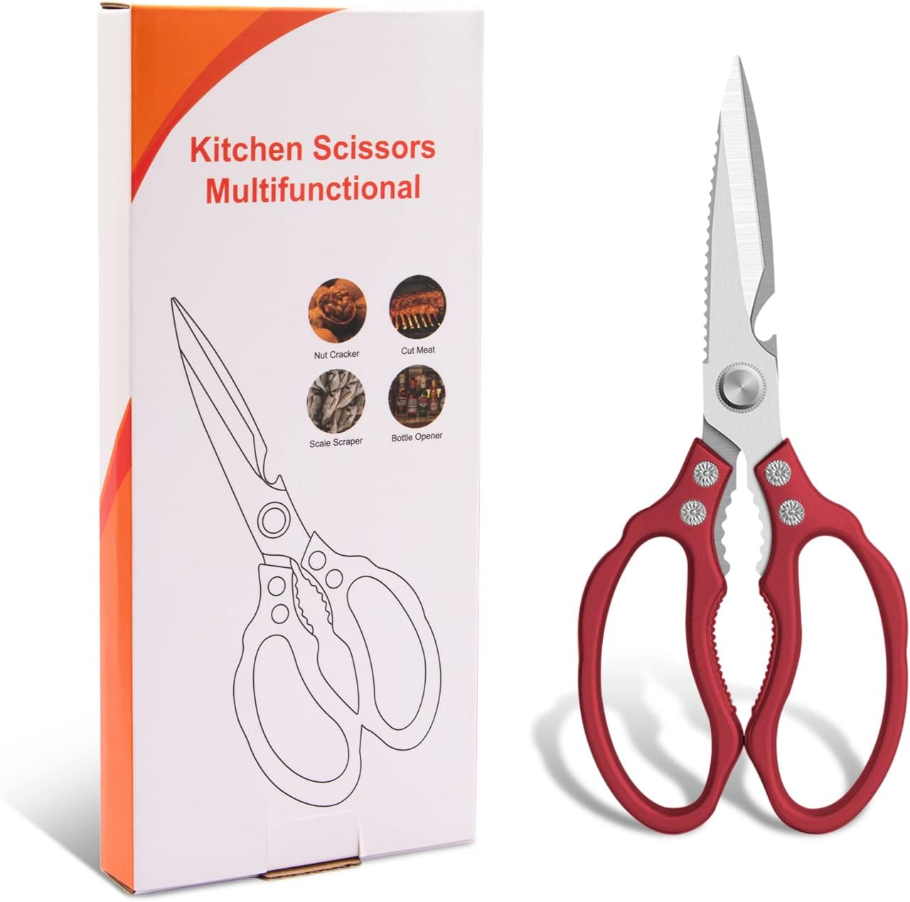 CGBE Kitchen Scissors, Multi-Purpose Kitchen Shears, Heavy Duty Dishwasher Safe Food Scissors for Chicken, Poultry, Fish, Meat & Herbs with Non-Slip Grips - Sliver