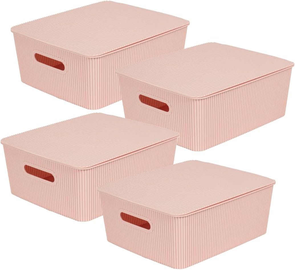 Glad Storage Baskets with Lids - Set of 4 Stackable Plastic Boxes with Handles - Decorative Shelf Organizer Bins for Bathroom and Closet, Blue, 3.1 Gallons