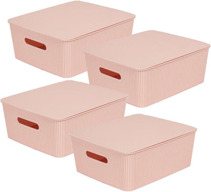 Glad Storage Baskets with Lids - Set of 4 Stackable Plastic Boxes with Handles - Decorative Shelf Organizer Bins for Bathroom and Closet, Blue, 3.1 Gallons