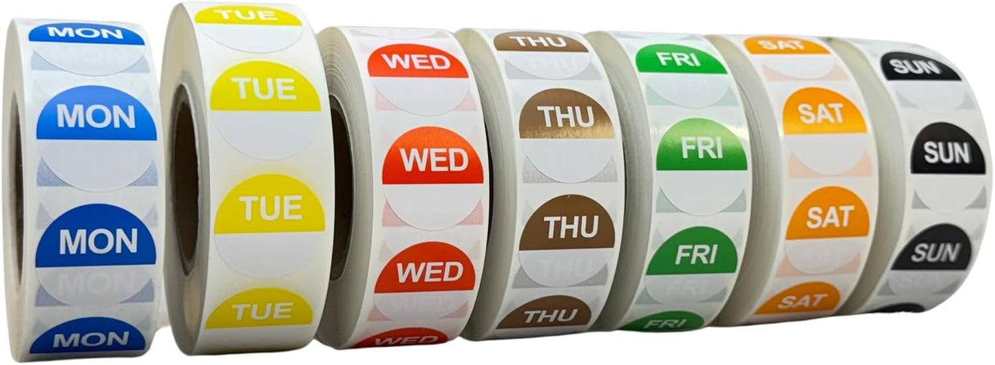Removable Day of The Week Labels - 1000 Stickers for Each Day - 7,000 Total Labels - for Meal Prep & Restaurant FIFO Inventory Management - 1" Diameter