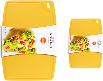 Liflicon Thick Cutting Boards for Kitchen Silicone Chopping Board Set of 2 Mid 12.6'' x 9.1”,Mini 9.1”x7.1” Non-slip Deep Drip Juice Groove Easy Grip Handle,Dishwasher Safe-Red