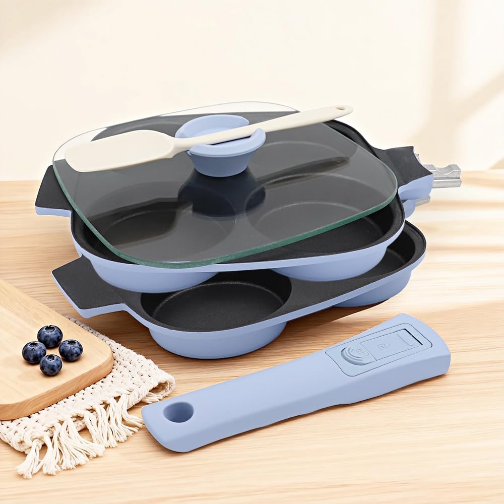 RANX INGST 4-Cup Egg Pan with Lid, Nonstick Omelette Skillet - Red