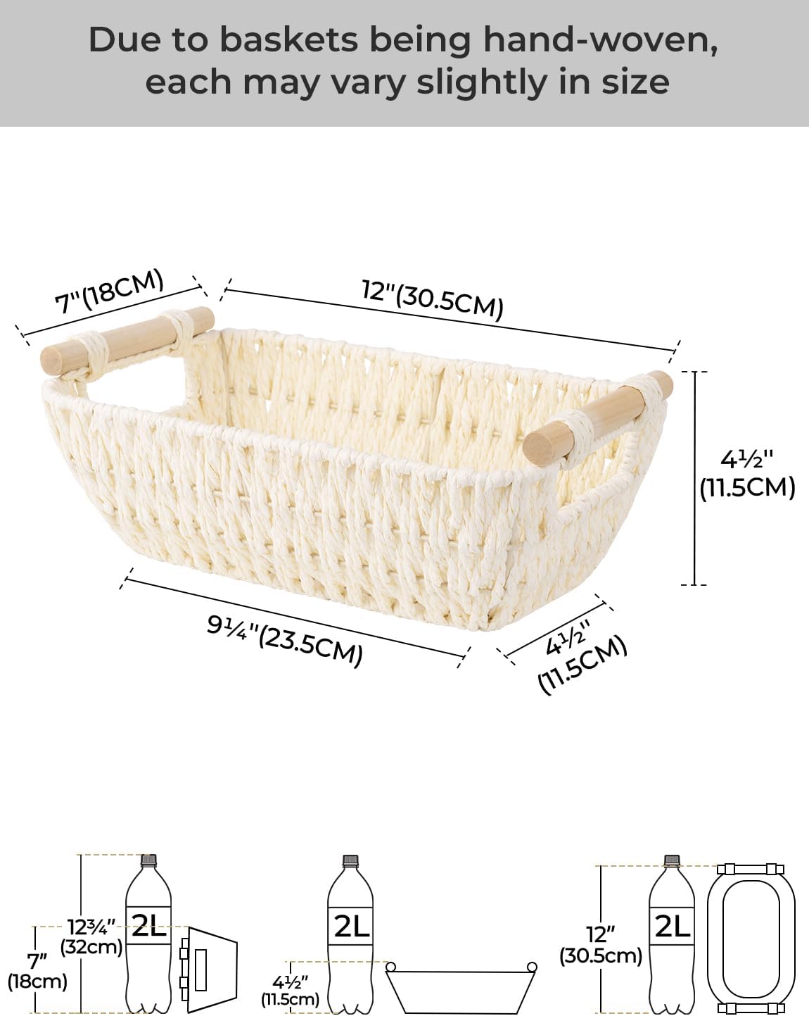 StorageWorks Hand-Woven Storage Baskets with Wooden Handles, Water Hyacinth Wicker Baskets for Organizing, 2 Pack
