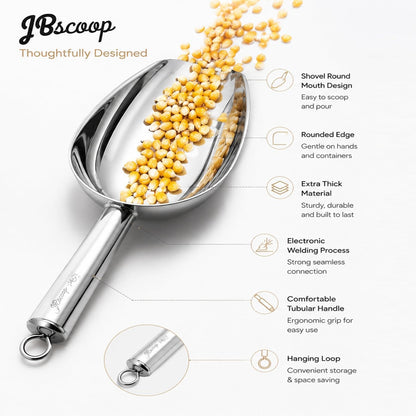 JBscoop Stainless Steel Scoop for ice, 9.6 Inch Metal Food Scoop Kitchen Bar Party Wedding Heavy Duty Dishwasher Safe - 8 Oz