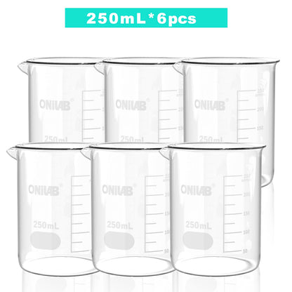 ONiLAB Glass Measuring Beaker Set 50ml 100ml 250ml (Pack of 3) 3.3 Boro Griffin Low Form with Printed Graduation Scientific Glassware for Laboratories, Classrooms or Home Use 13900244