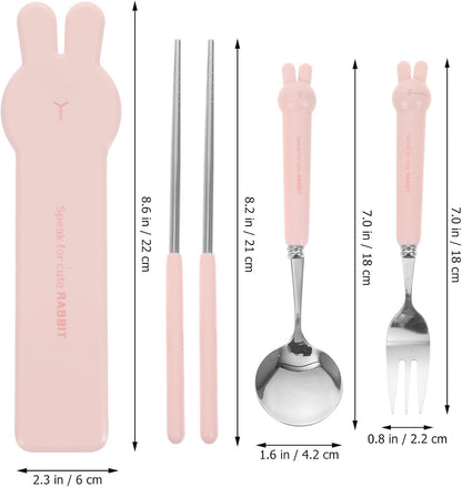 4 PCS Travel Utensils with Case, Portable Stainless Steel Reusable Cutlery Set for Lunch Box, Includes Spoon Fork Chopsticks, Small Pink Cartoon Flatware for Students, Kids School, Office, H