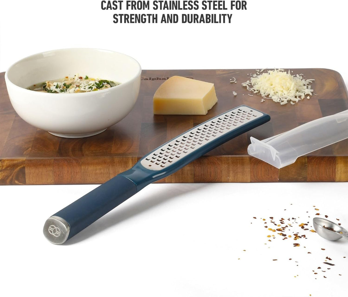 Calphalon Edge Lemon Zester, Stainless Steel Fine Citrus Grater for Lemon, Garlic & Ginger, Handheld Kitchen Zester with Protective Cover & Ergonomic Handle, Taupe
