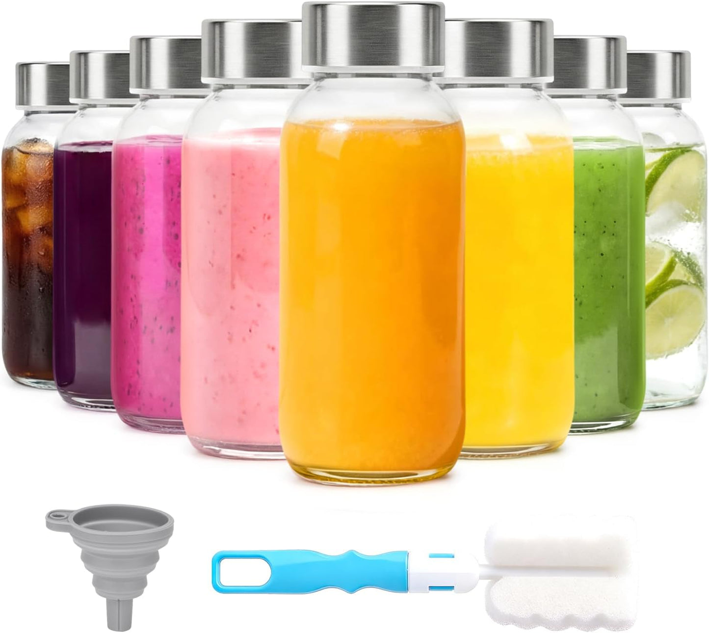 Clear Glass Bottles with Lids 18 oz, Reusable Glass Water Bottles with Stainless Steel Cap for Refrigerator, Juicing, 100% Leak Proof, BPA Free, Juice Bottle Drinking Jar Containers Set of 6
