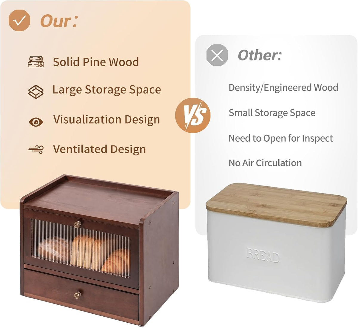 Solid Wood Bread Box with Pull-Out Bamboo Bread Slicer for Kitchen Counter