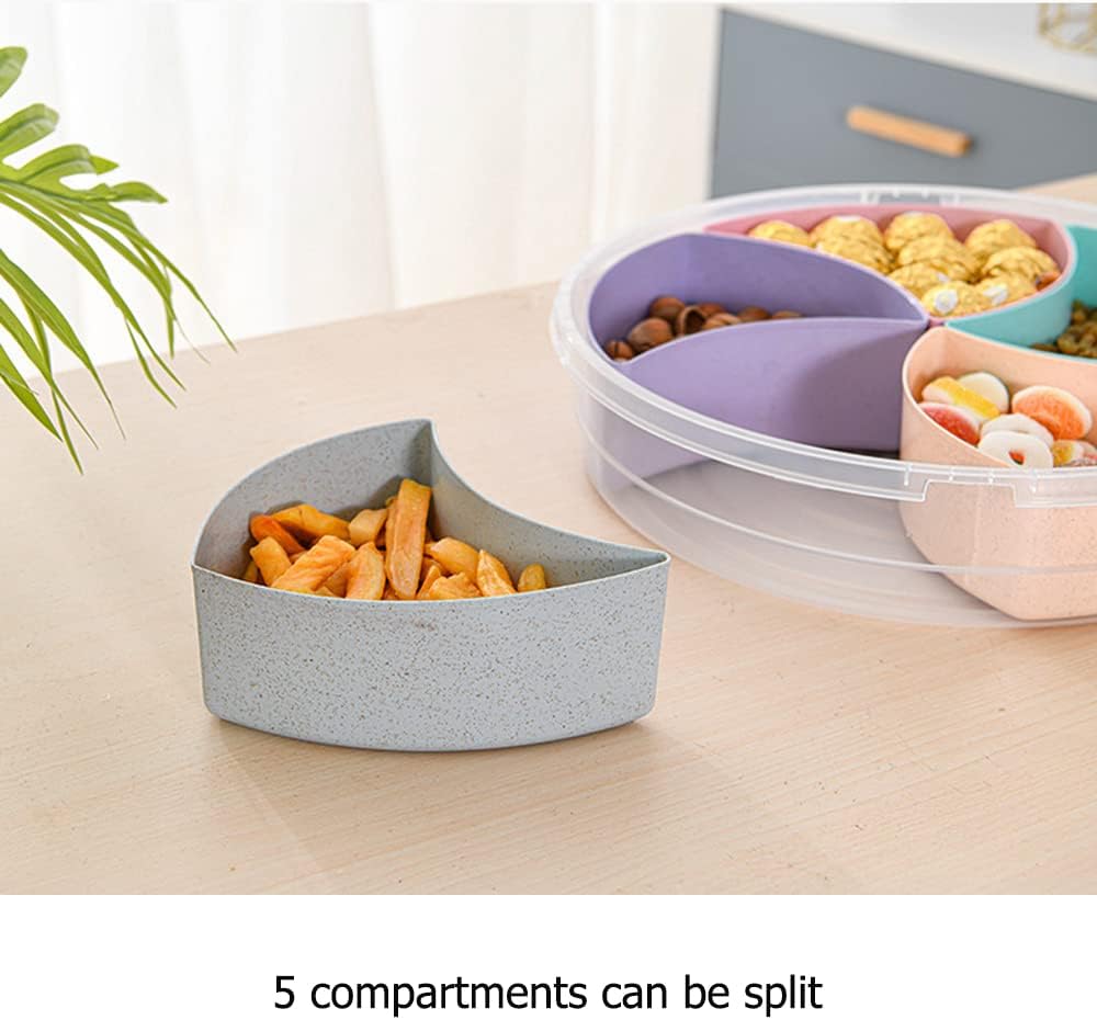 Circle Fruit Tray Separable Snacks Bowl Nut Food Candy Picnic Salad Storage Containers Plastic Platter Divided Serving Tray Portable 5 Compartments with Lid