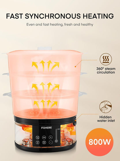 FOHERE Food Steamer for Cooking,13.7QT Vegetable Steamer with Stackable 3 Tiers BPA-Free Baskets,800W Electric Steamer Pot 60-Minute Timer, 24H Delay Start Timer for Veggies Seafood Rice