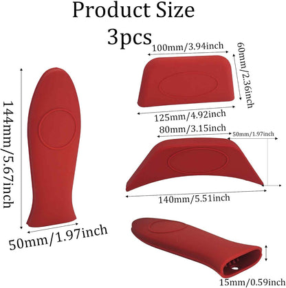 3PCS Red Silicone Hot Handle Holder for Cast Iron Skillets, Heat Resistant Handle Covers for Frying Pans Griddles Metal Cookware, Non-Slip Pot Holder Sleeves